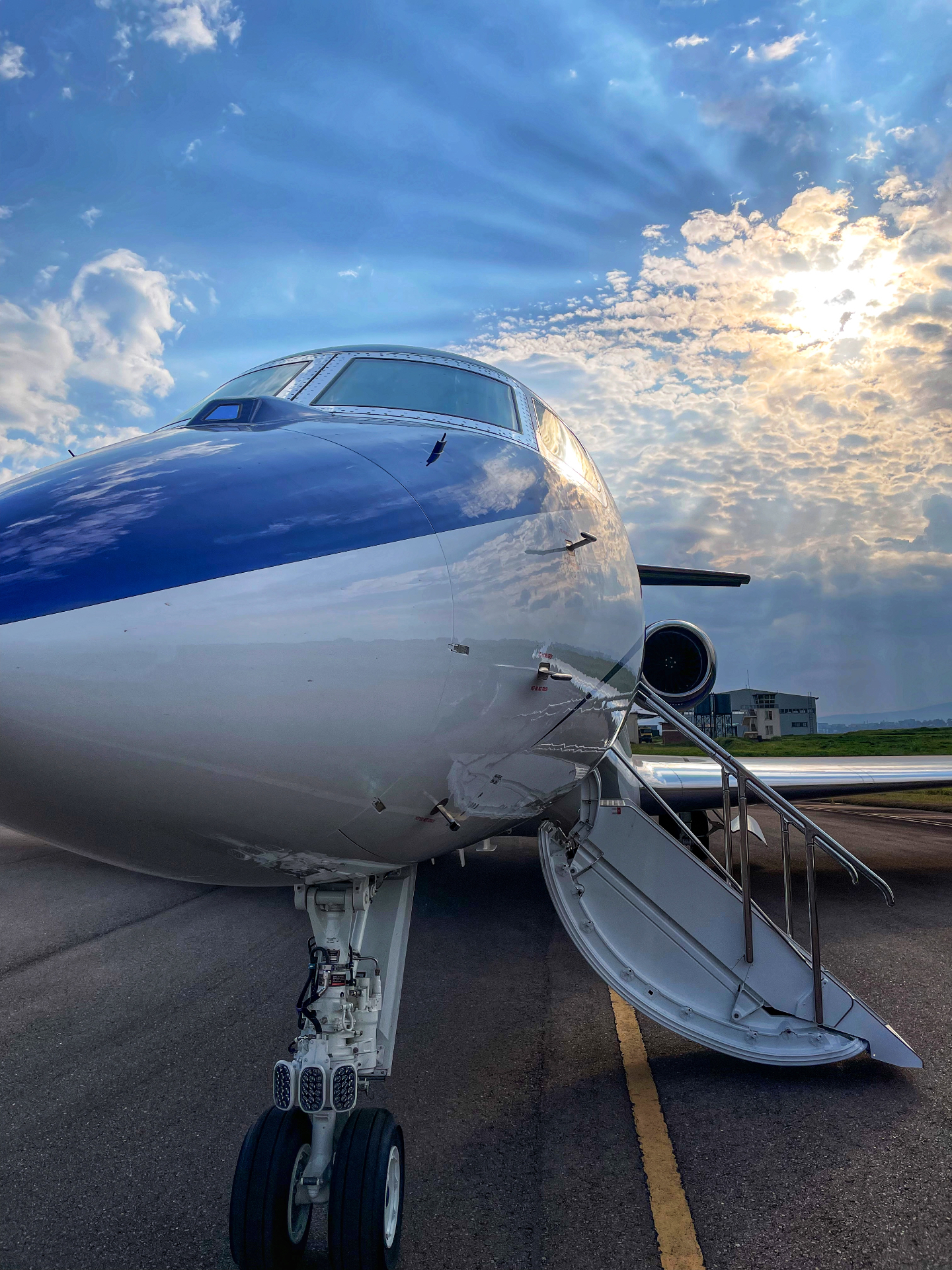 Gulfstream nose and cockpit close-up at sunset